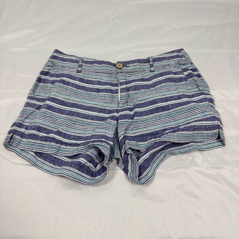 British Khaki 100% Linen Striped Shorts Blue Coastal Summer Size 8